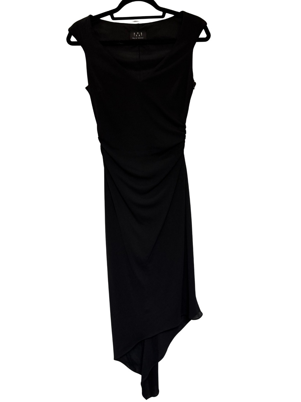 David Meister Black Ruched Asymmetrical Hem Cocktail Dress Size 4 Cap Sleeve